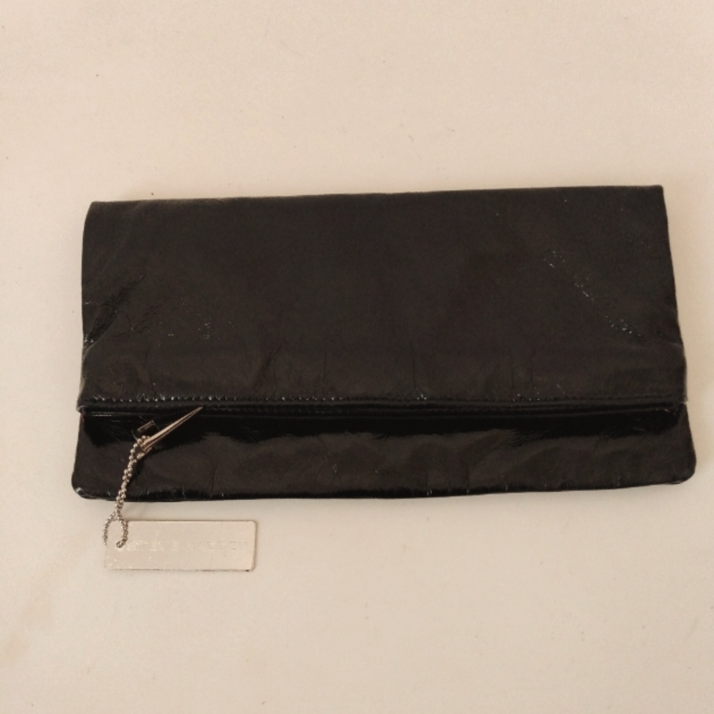 Steve Madden Black Faux Patent Leather Mag Snap Zip Clutch